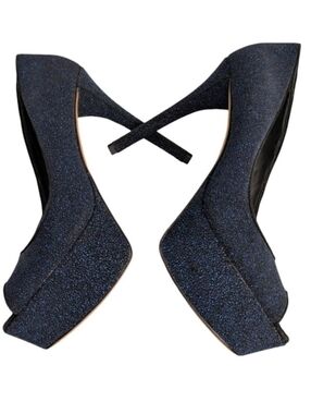 Brian Atwood Bambola Glitter Platform Peep Toe Pumps Navy Blue Size 9